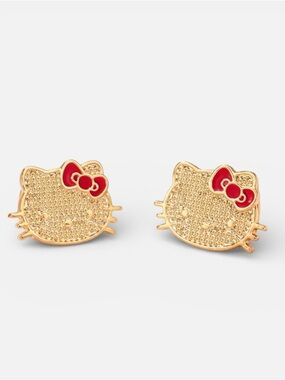 Hello Kitty Sanrio Cartoon Gold Red Enamel Bow Textured Stud Earrings Jewelry